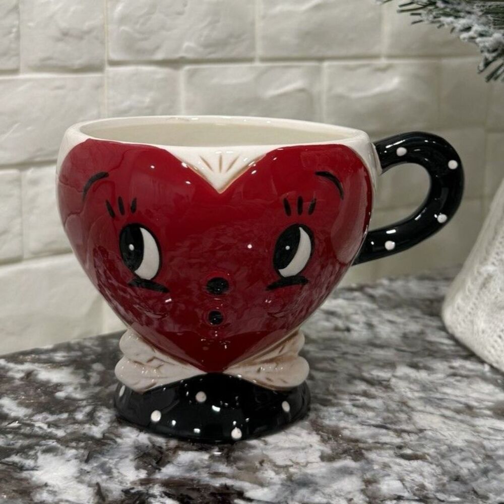 Johanna Parker Valentines Heart Face Ceramic Tea Cup Coffee Mug Black Polka Dot